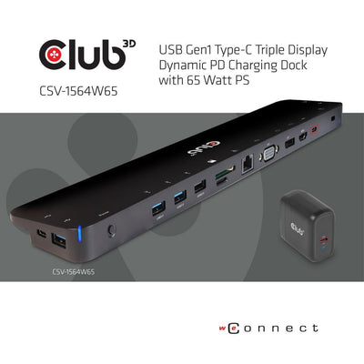 CLUB3D CSV-1564W65 dockningsstationer för bärbara datorer Dockning USB 3.2 Gen 1 (3.1 Gen 1) Type-C Svart