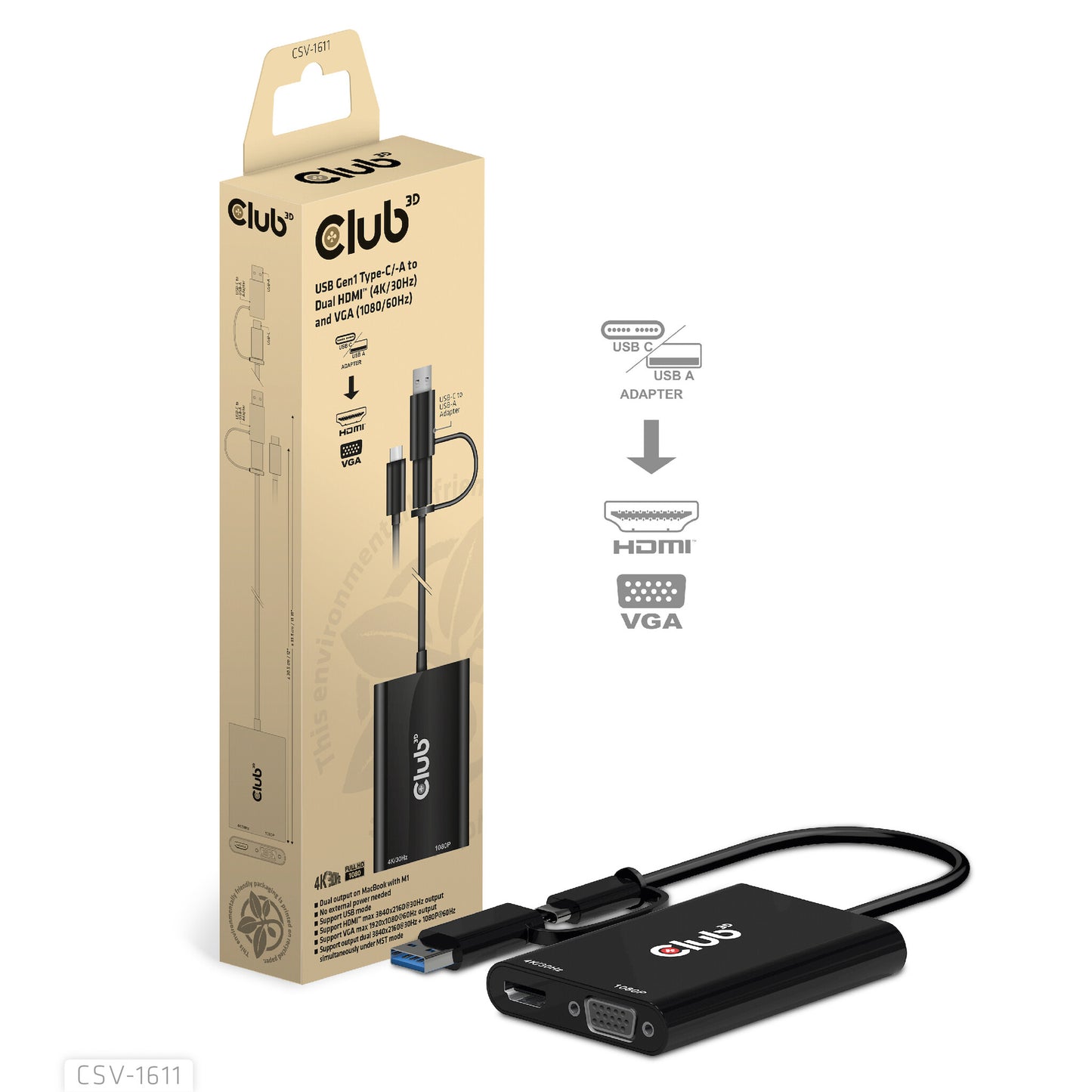 CLUB3D CSV-1611 USB-grafikadapter 3840 x 2160 pixlar Svart