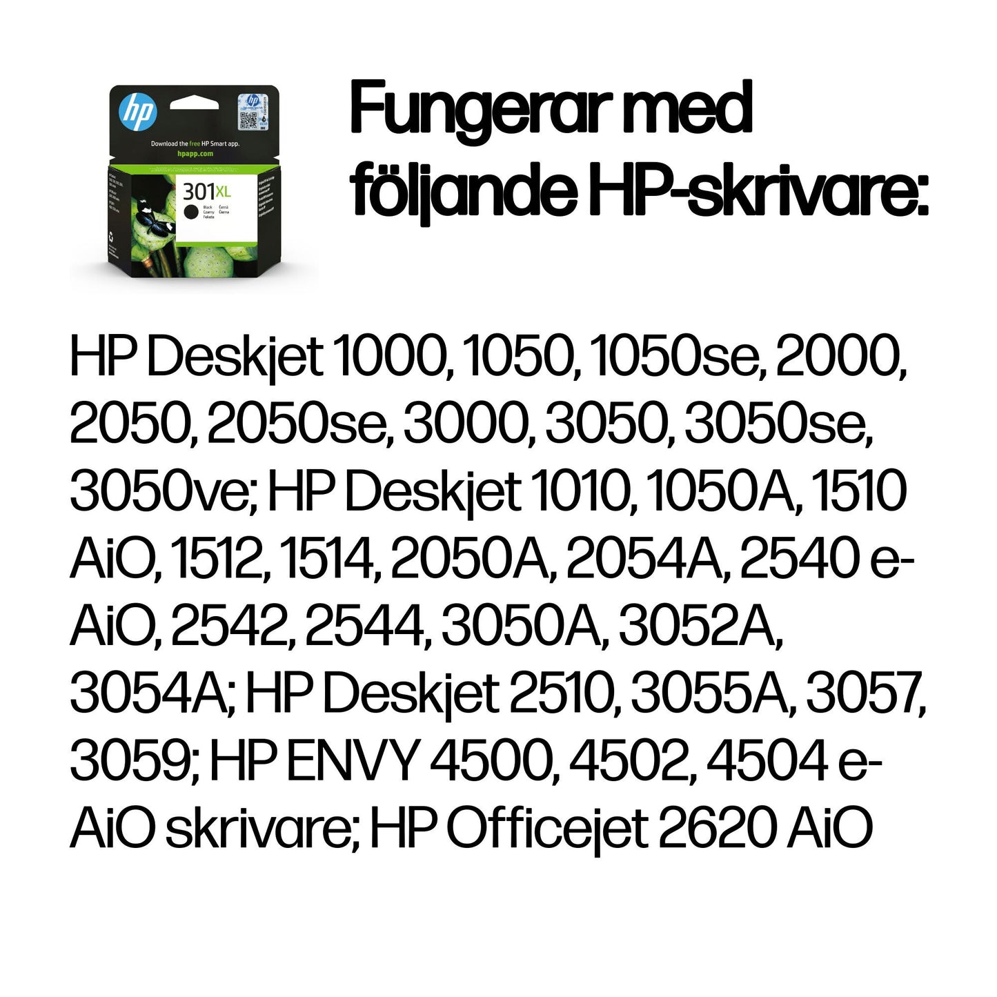 HP 301XL svart bläckpatron med hög kapacitet, original