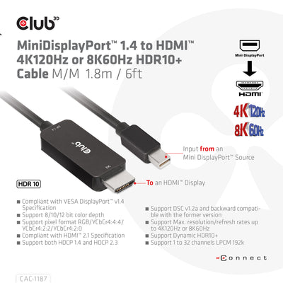 CLUB3D CAC-1187 videokabeladapter 1,8 m Mini DisplayPort HDMI Svart