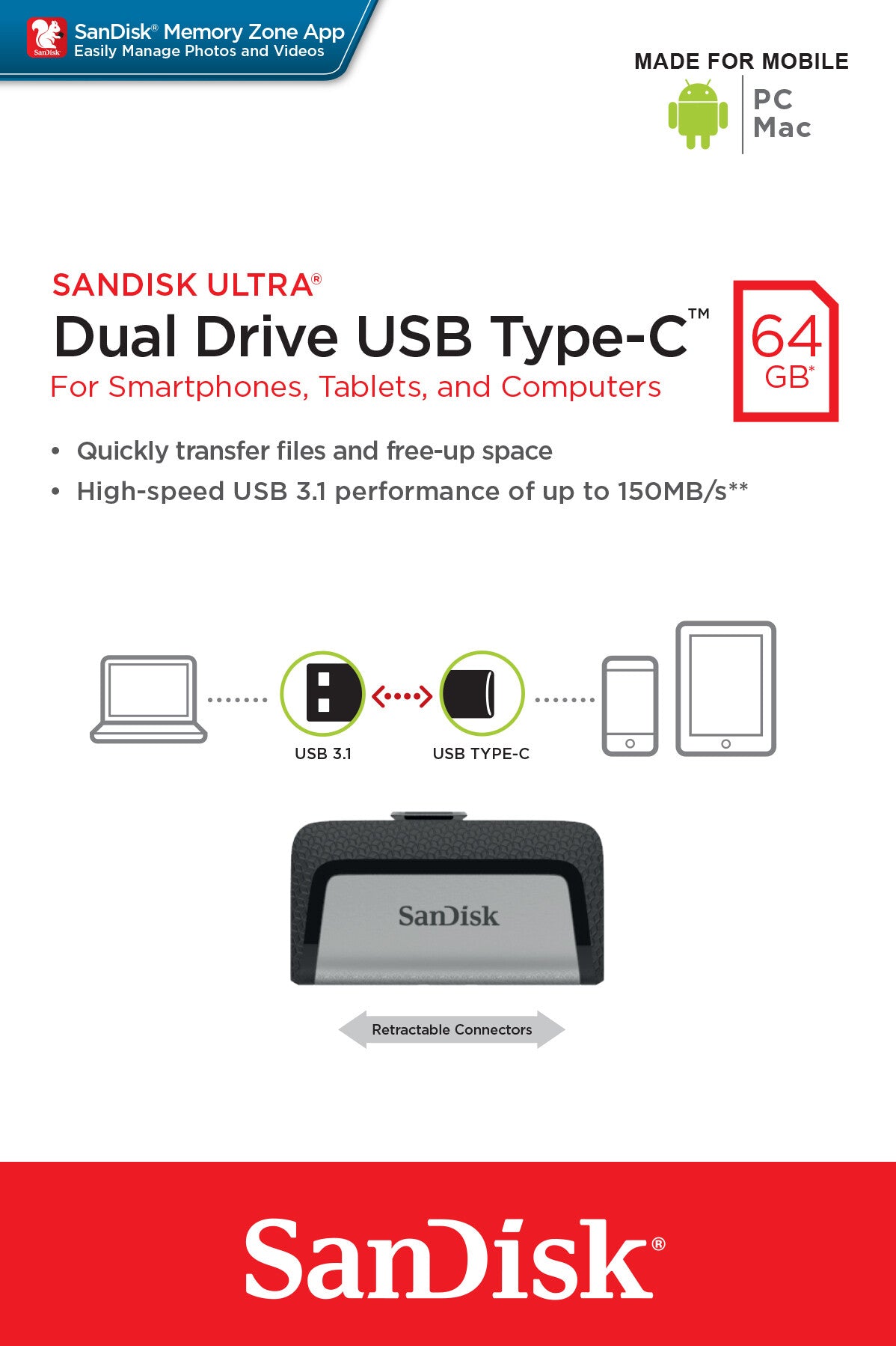 SanDisk Ultra Dual Drive USB Type-C USB-sticka 64 GB USB Type-A / USB Type-C 3.2 Gen 1 (3.1 Gen 1) Svart, Silver