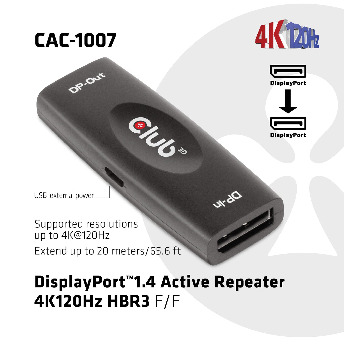CLUB3D DP 1.4 4K120HZ HDR ACTIVE REPEATER F/F displayport Svart