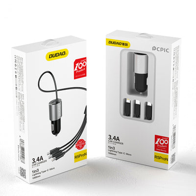 DUDAO R5ProN 3.4A Car Charger Built-in cables Universal Grå Cigarr tändare Snabb laddning Automatisk