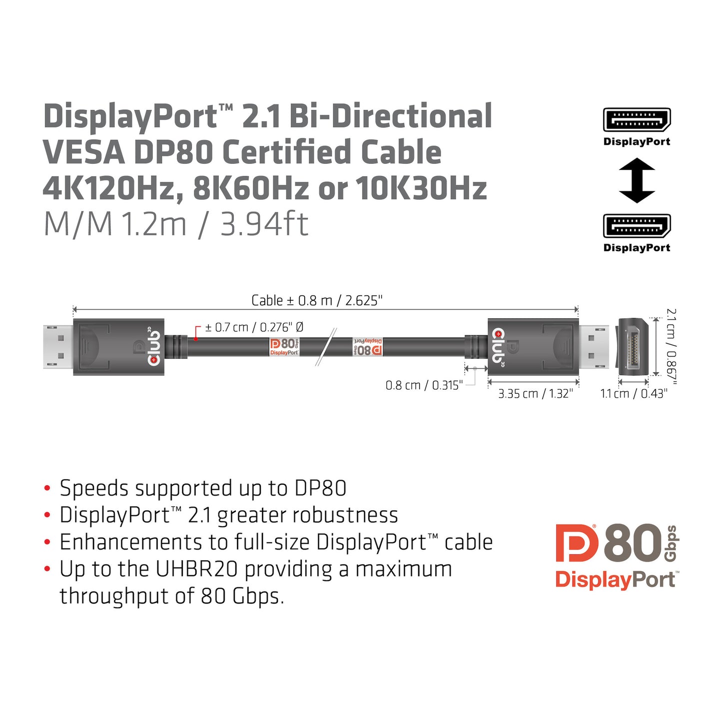 CLUB3D CAC-1091 DisplayPort-kabel 1,2 m Svart