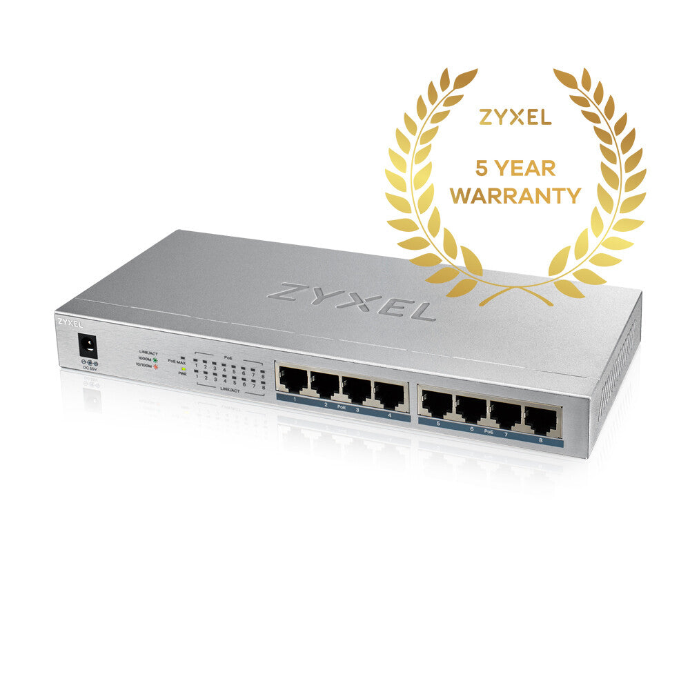 Zyxel GS1008HP Ohanterad Gigabit Ethernet (10/100/1000) Strömförsörjning via Ethernet (PoE) stöd Grå