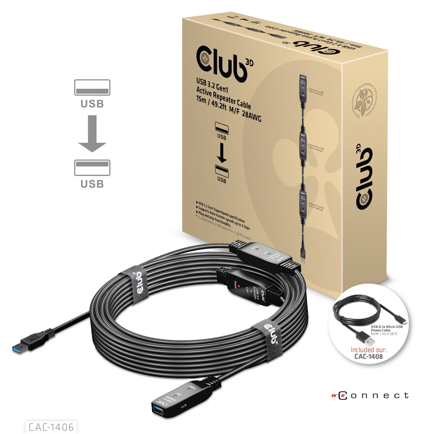 CLUB3D CAC-1406 USB-kablar 15 m USB 3.2 Gen 1 (3.1 Gen 1) USB A Svart