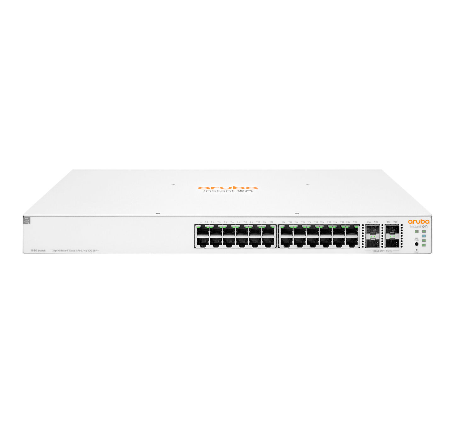 HPE Aruba Networking Aruba Instant On 1930 24G Class4 PoE 4SFP/SFP+ 370W hanterad L2+ Gigabit Ethernet (10/100/1000) Strömförsörjning via Ethernet (PoE) stöd 1U Vit