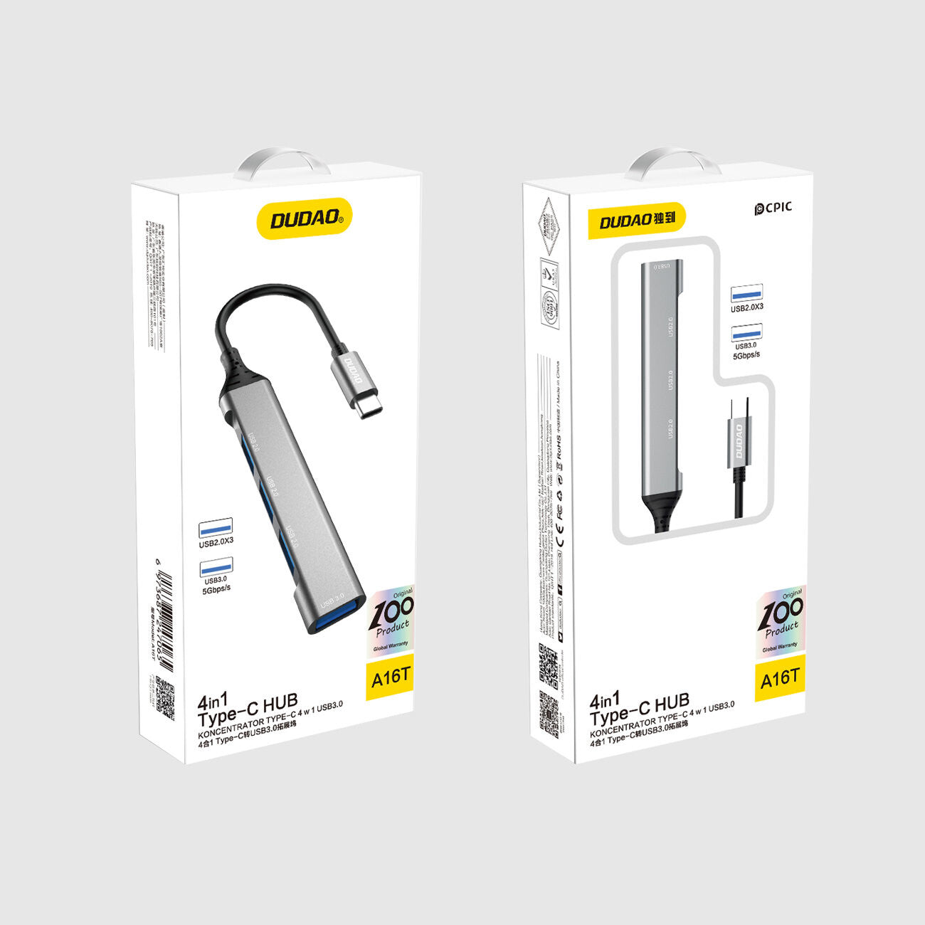 DUDAO A16T 4-in-4 USB-C Hub Kabel USB 3.2 Gen 1 (3.1 Gen 1) Type-C Grå