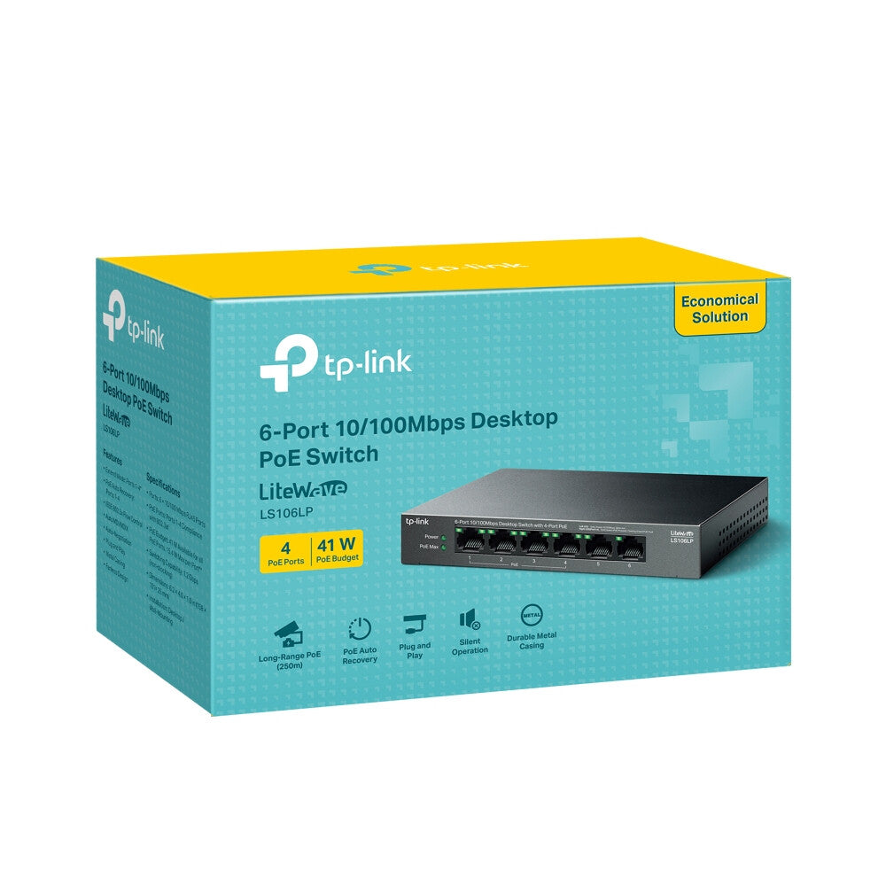 TP-Link LiteWave LS106LP nätverksswitchar Ohanterad Fast Ethernet (10/100) Strömförsörjning via Ethernet (PoE) stöd Svart
