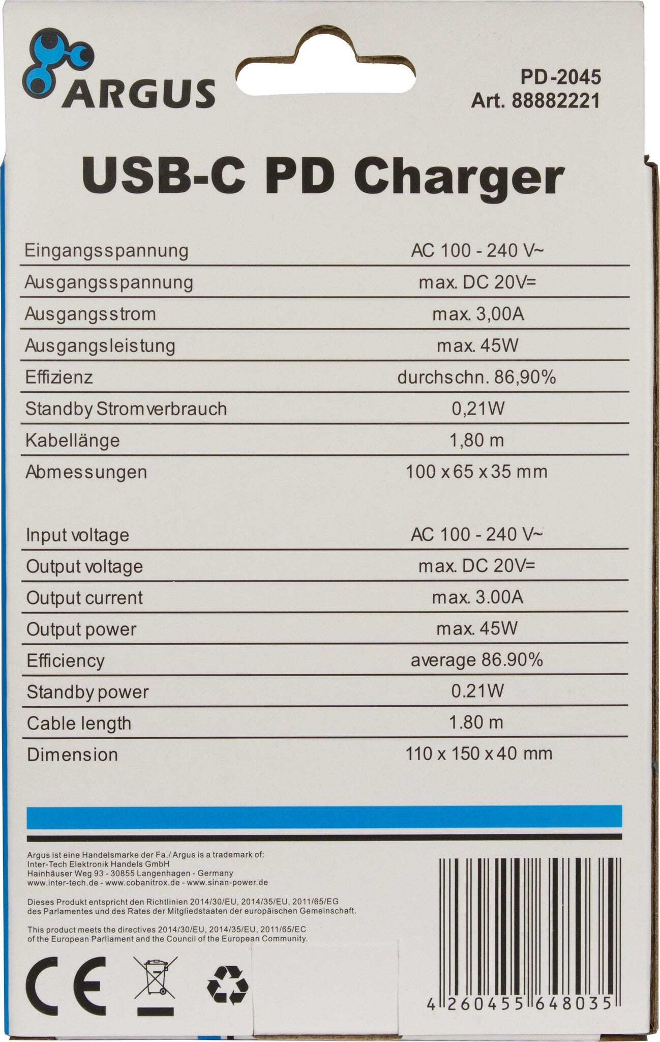 Inter-Tech PD-2045 Universal Svart AC inomhus