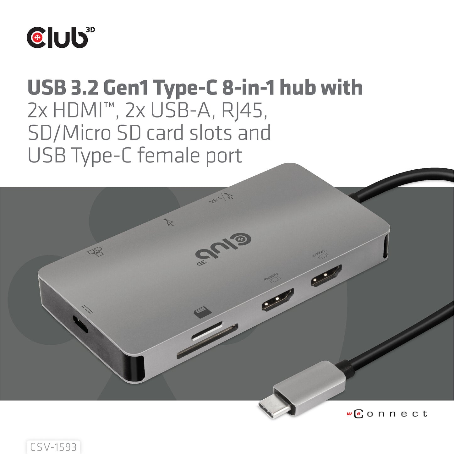 CLUB3D CSV-1593 gränssnittshubbar USB 3.2 Gen 1 (3.1 Gen 1) Type-C 16200 Mbit/s Metallisk