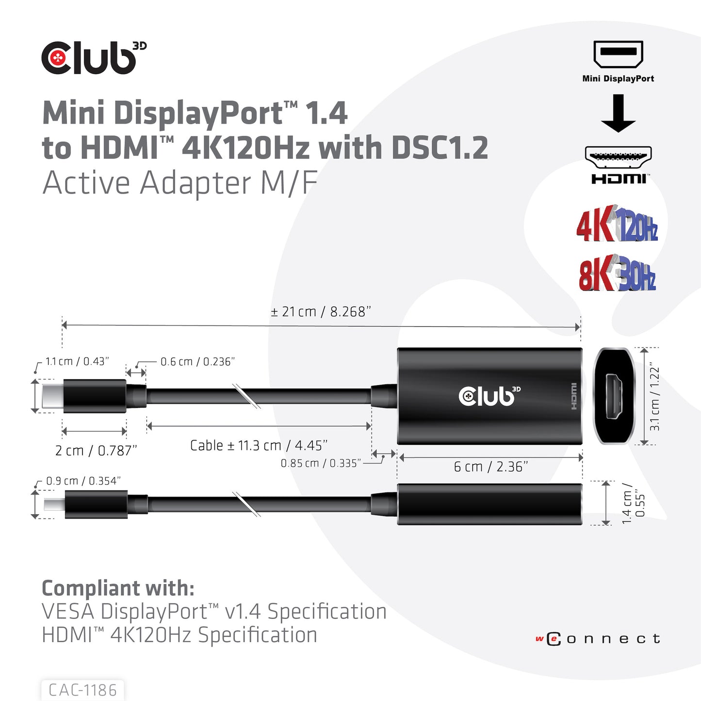 CLUB3D CAC-1186 videokabeladapter 0,15 m Mini DisplayPort HDMI Typ A (standard) Svart