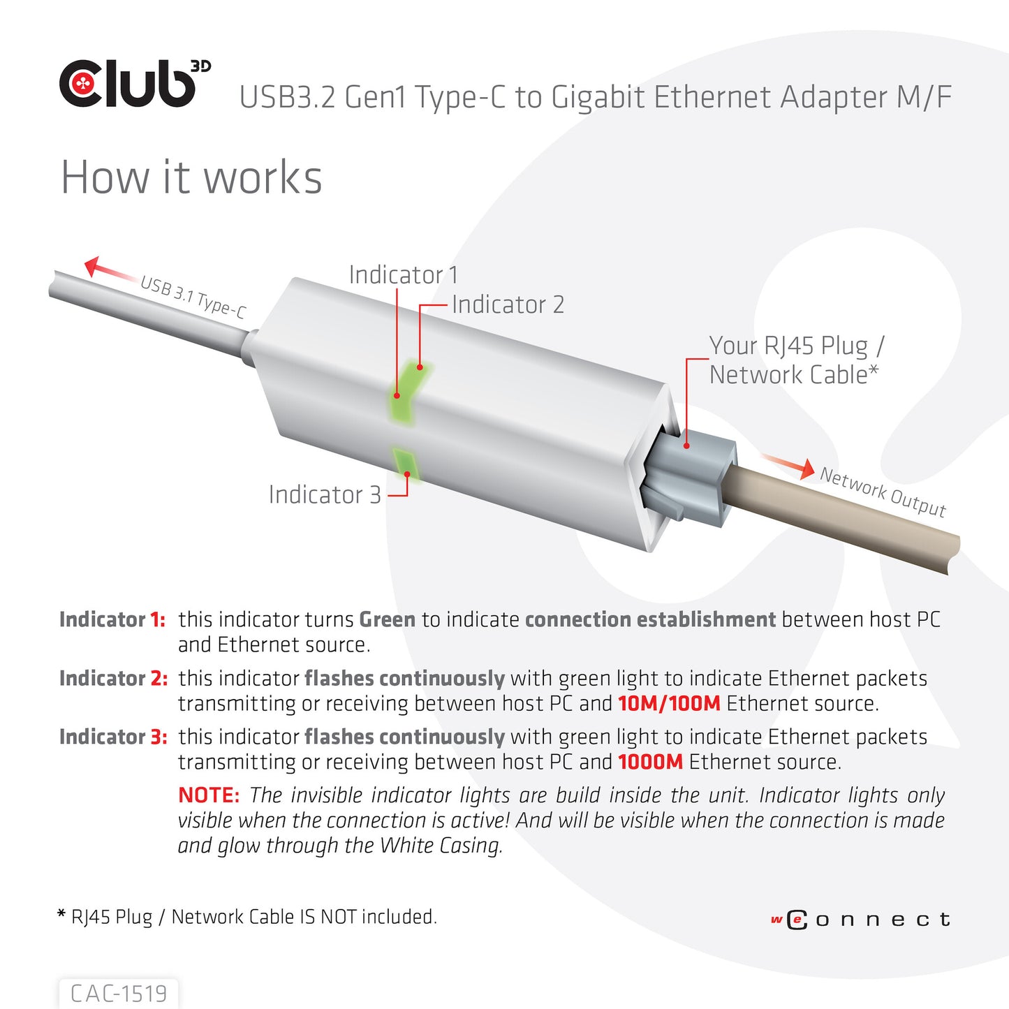 CLUB3D CAC-1519 kabelomvandlare (hane/hona) USB-C RJ-45 Vit