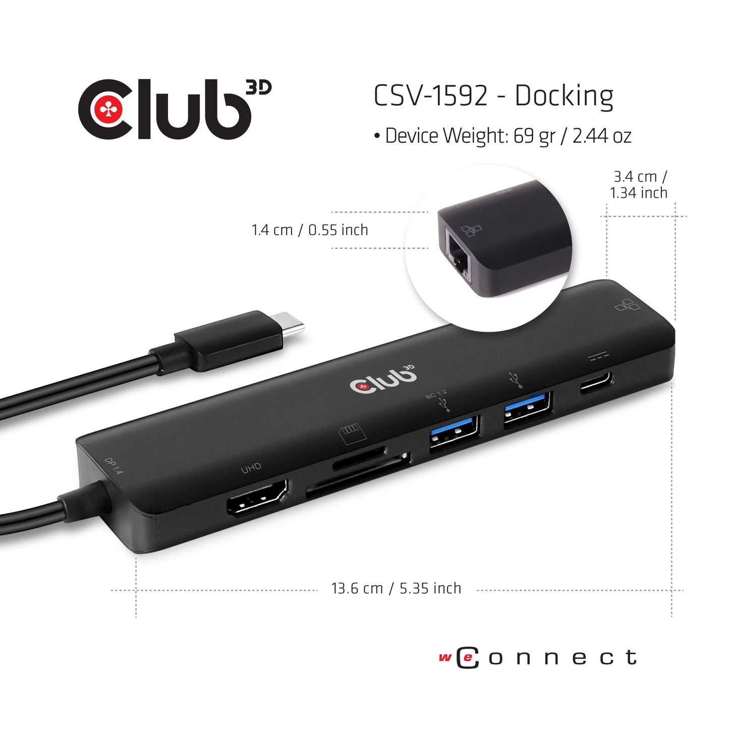 CLUB3D CSV-1592 dockningsstationer för bärbara datorer Dockning USB 3.2 Gen 1 (3.1 Gen 1) Type-C Svart