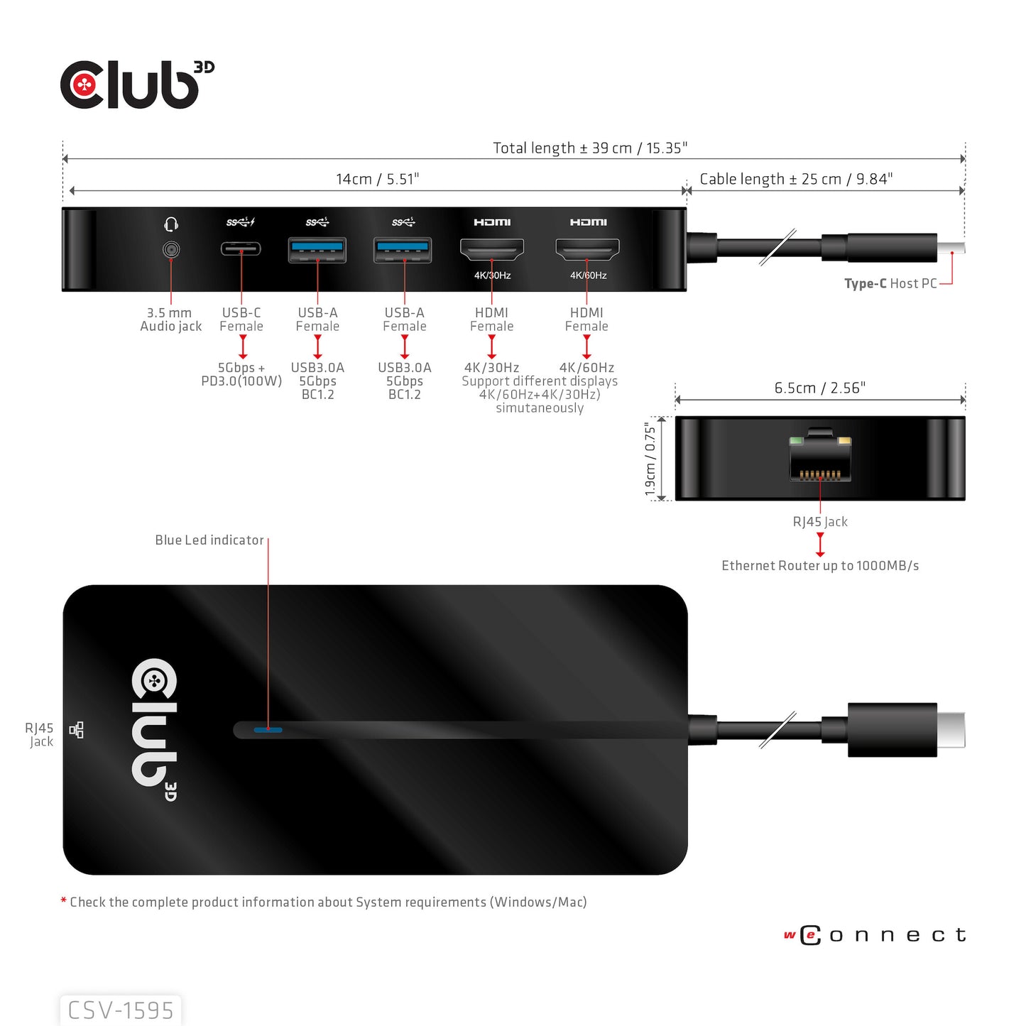 CLUB3D CSV-1595 dockningsstationer för bärbara datorer USB 3.2 Gen 1 (3.1 Gen 1) Type-C Svart