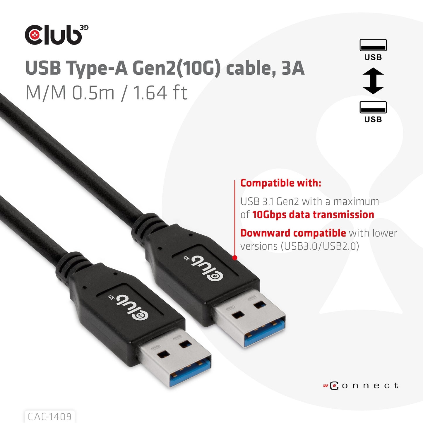 CLUB3D CAC-1409 USB-kablar USB 3.2 Gen 2 (3.1 Gen 2) 0,5 m USB A Svart