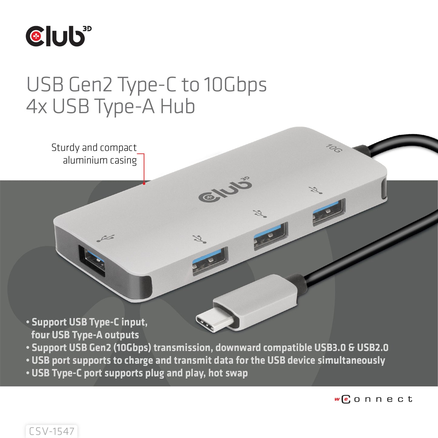 CLUB3D CSV-1547 gränssnittshubbar USB 3.2 Gen 2 (3.1 Gen 2) Type-C 10000 Mbit/s Svart, Silver