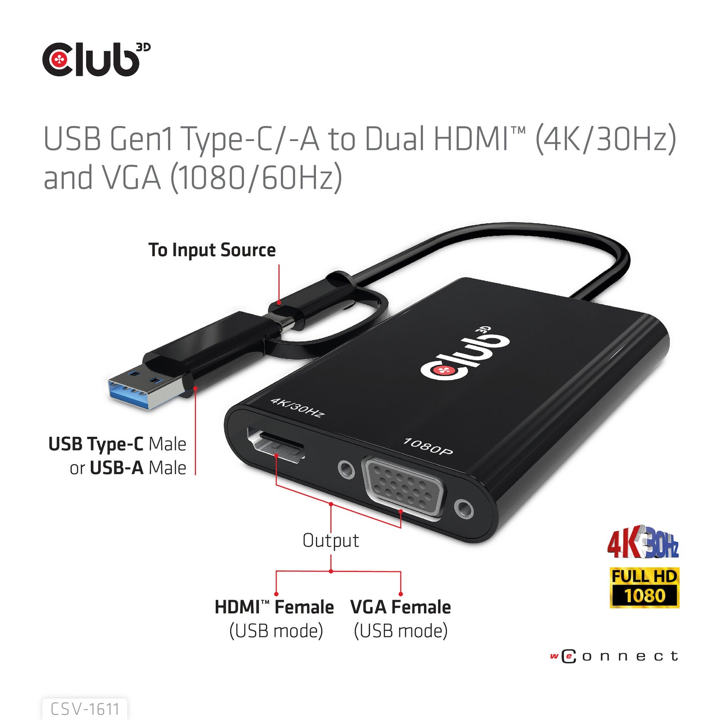 CLUB3D CSV-1611 USB-grafikadapter 3840 x 2160 pixlar Svart