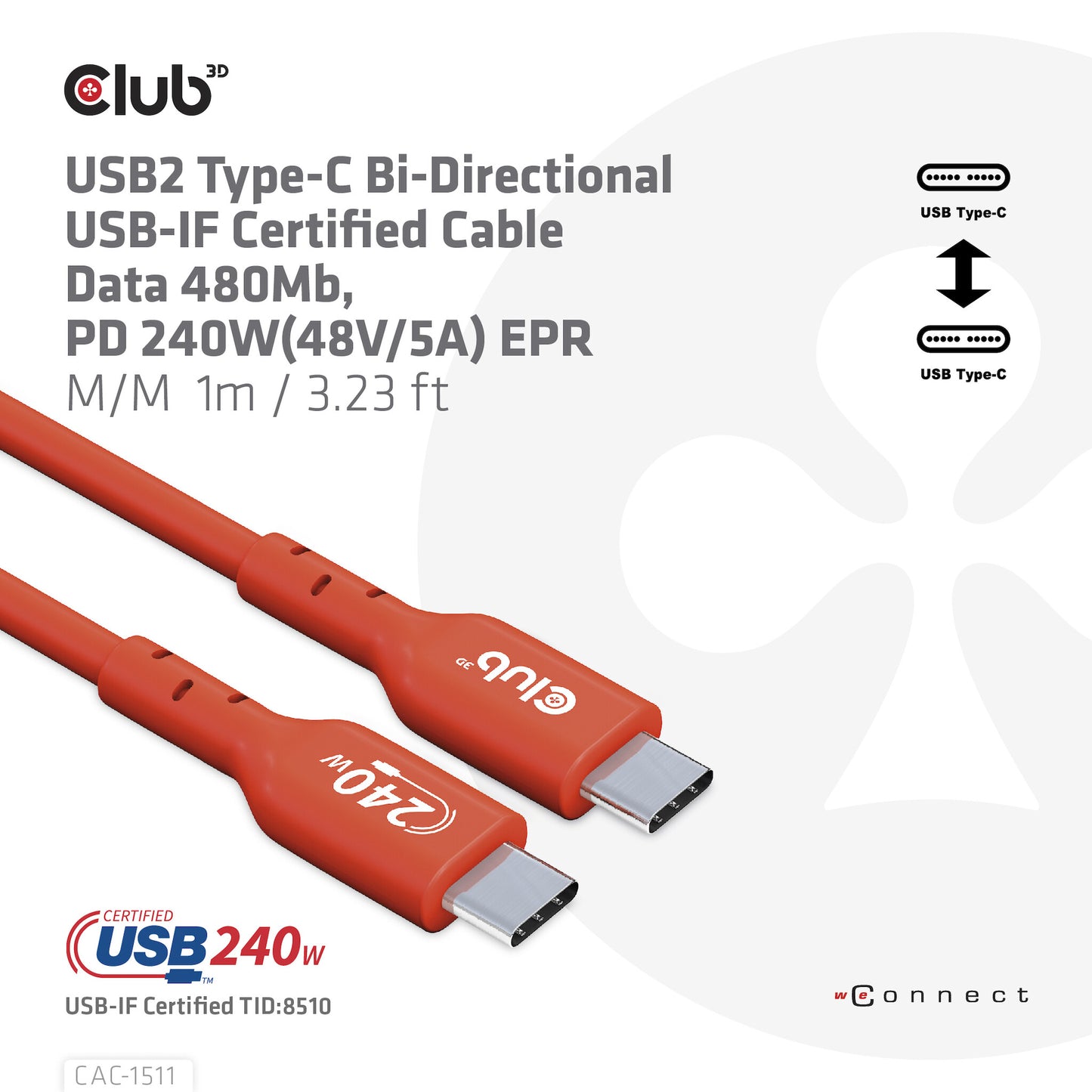 CLUB3D CAC-1511 USB-kablar 1 m USB 2.0 USB C Orange