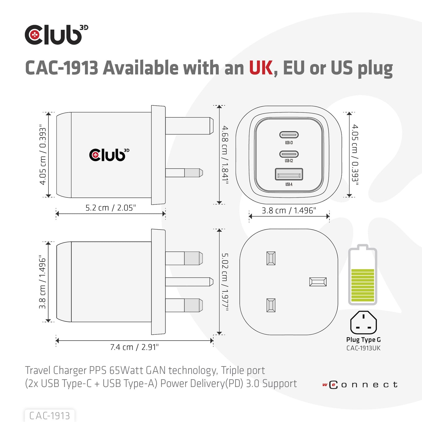 CLUB3D CAC-1913 mobilladdare Mobiltelefon, Bärbar dator, Smartphone, Universal Svart AC Snabb laddning inomhus