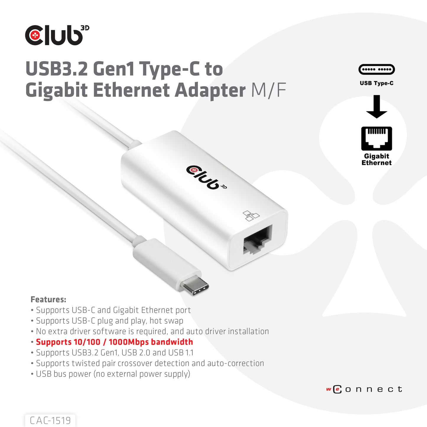 CLUB3D CAC-1519 kabelomvandlare (hane/hona) USB-C RJ-45 Vit