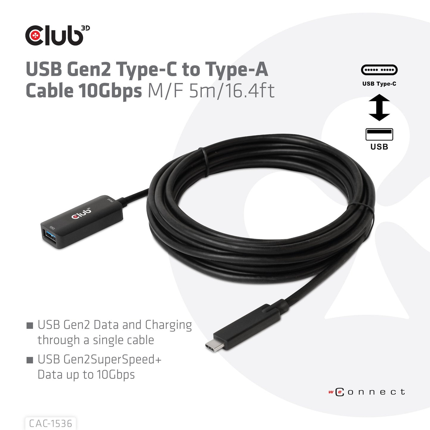 CLUB3D CAC-1536 USB-kablar USB 3.2 Gen 2 (3.1 Gen 2) 5 m USB C USB A Svart