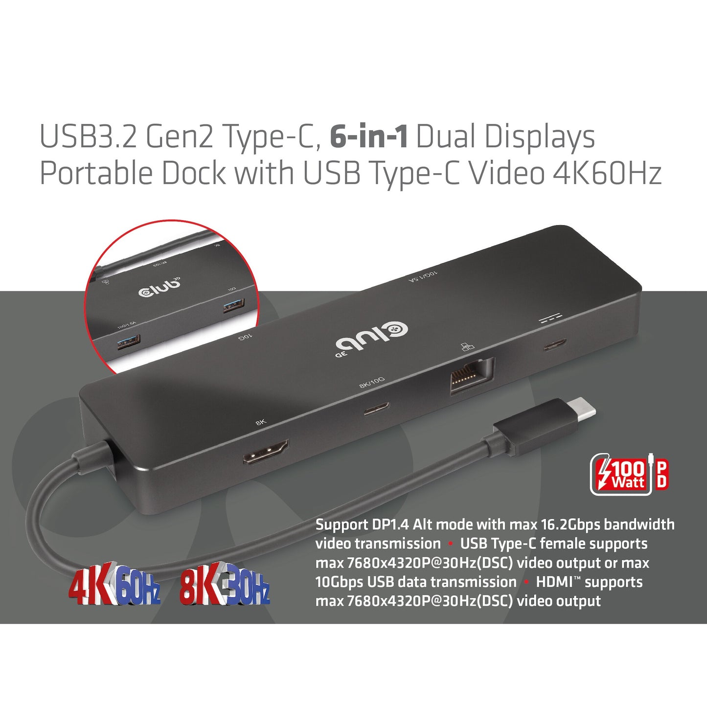 CLUB3D USB3.2 Gen2 Type-C, 6-in-1 Dual Displays Portable Dock with USB Type-C Video 4K60Hz