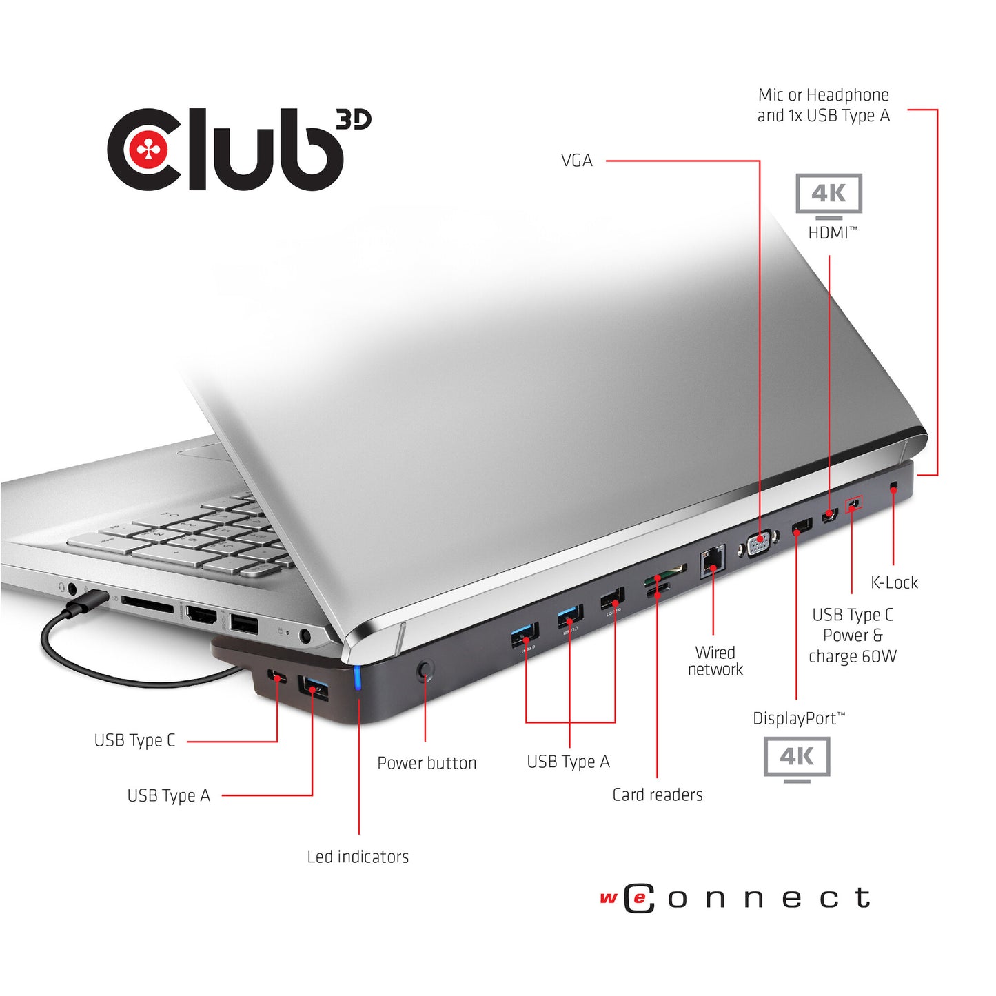 CLUB3D CSV-1564W100 dockningsstationer för bärbara datorer Dockning USB 3.2 Gen 1 (3.1 Gen 1) Type-C Svart