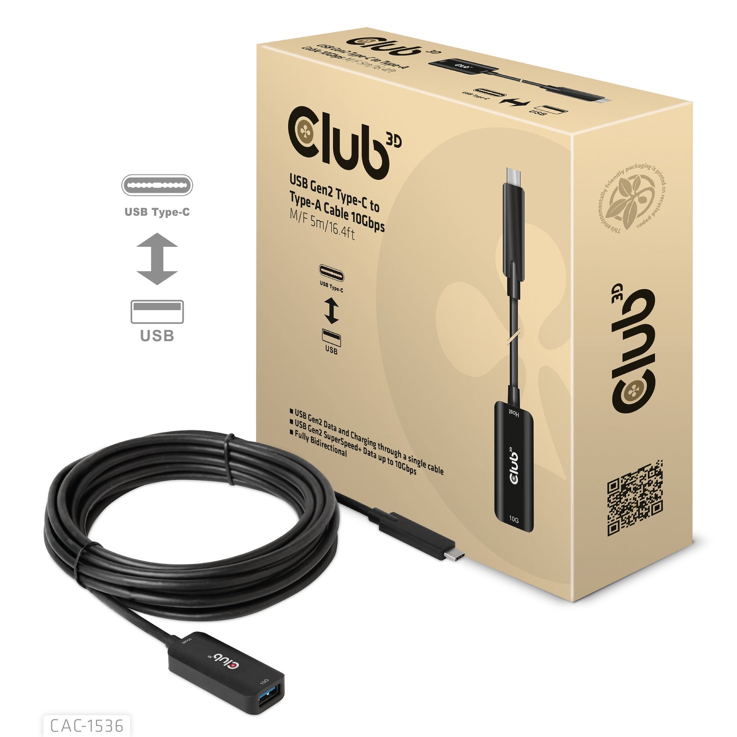 CLUB3D CAC-1536 USB-kablar USB 3.2 Gen 2 (3.1 Gen 2) 5 m USB C USB A Svart
