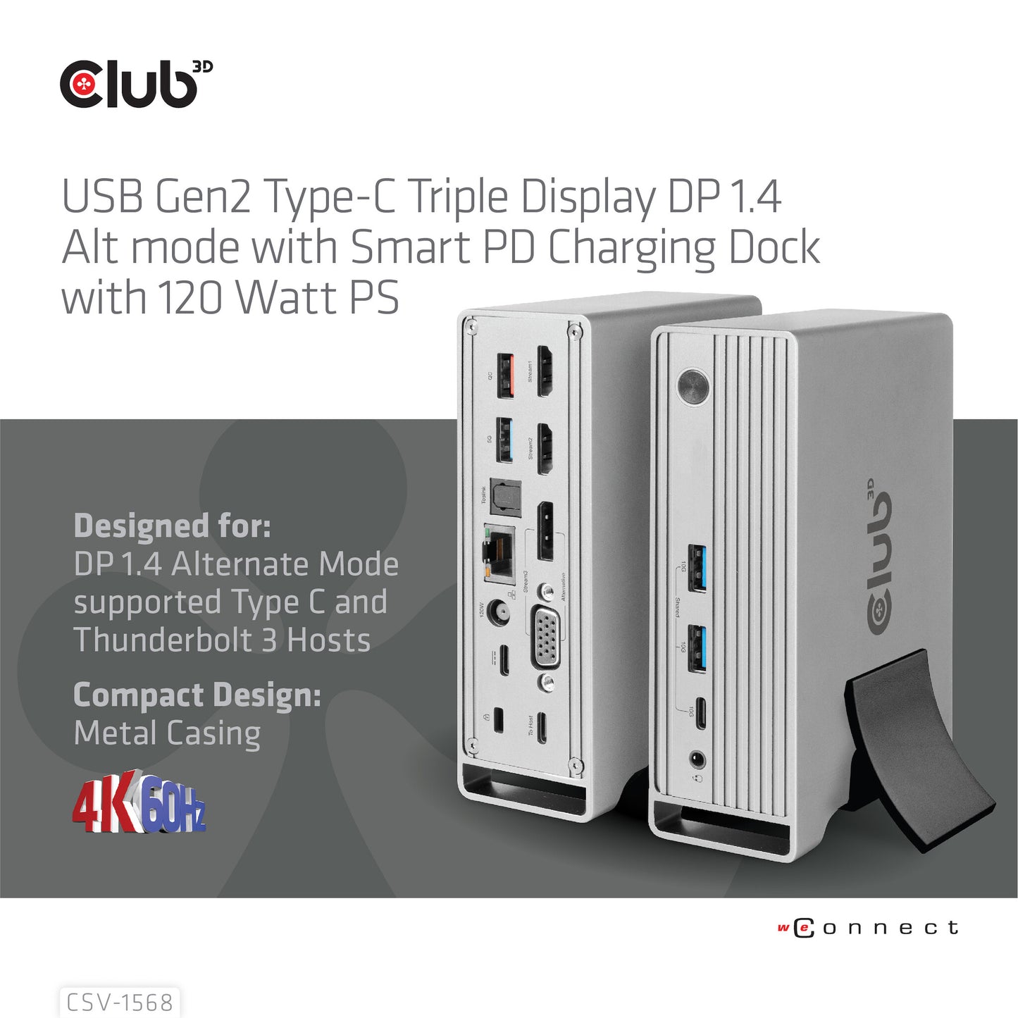 CLUB3D CSV-1568 dockningsstationer för bärbara datorer Dockning USB 3.2 Gen 2 (3.1 Gen 2) Type-C Metallisk