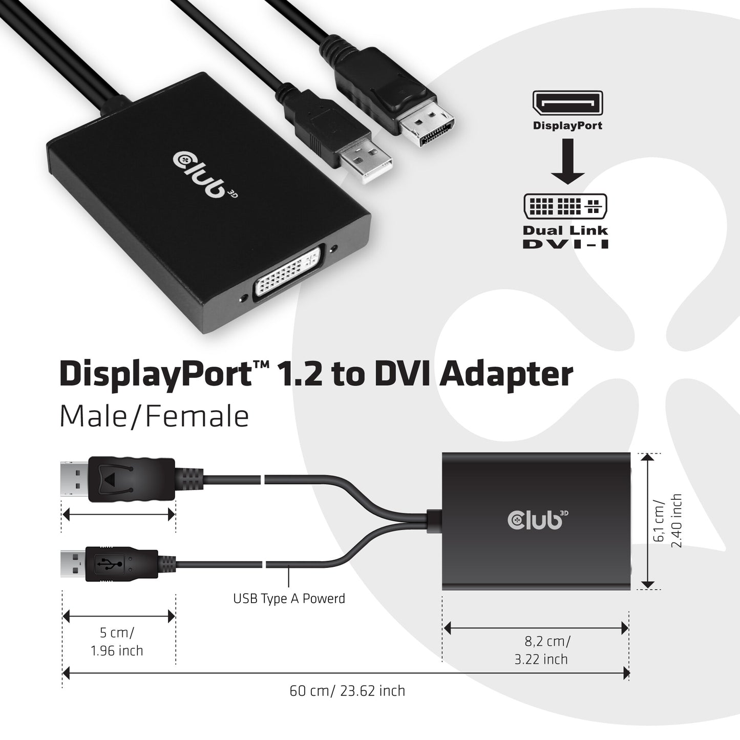 CLUB3D cac-1010 Displayport/usb DVI-I Daul link Svart, Vit