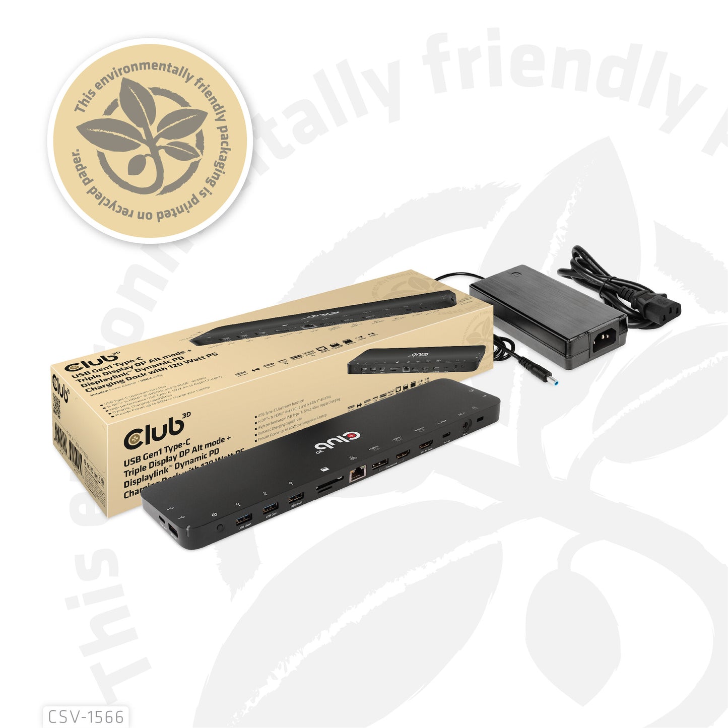 CLUB3D CSV-1566 dockningsstationer för bärbara datorer Dockning USB 3.2 Gen 1 (3.1 Gen 1) Type-C Svart
