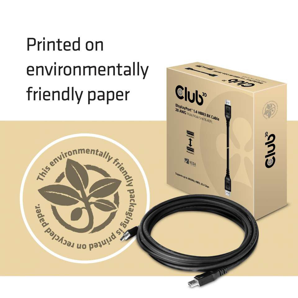 CLUB3D DisplayPort 1.4 HBR3 8K Cable M/M 5m /16.40ft