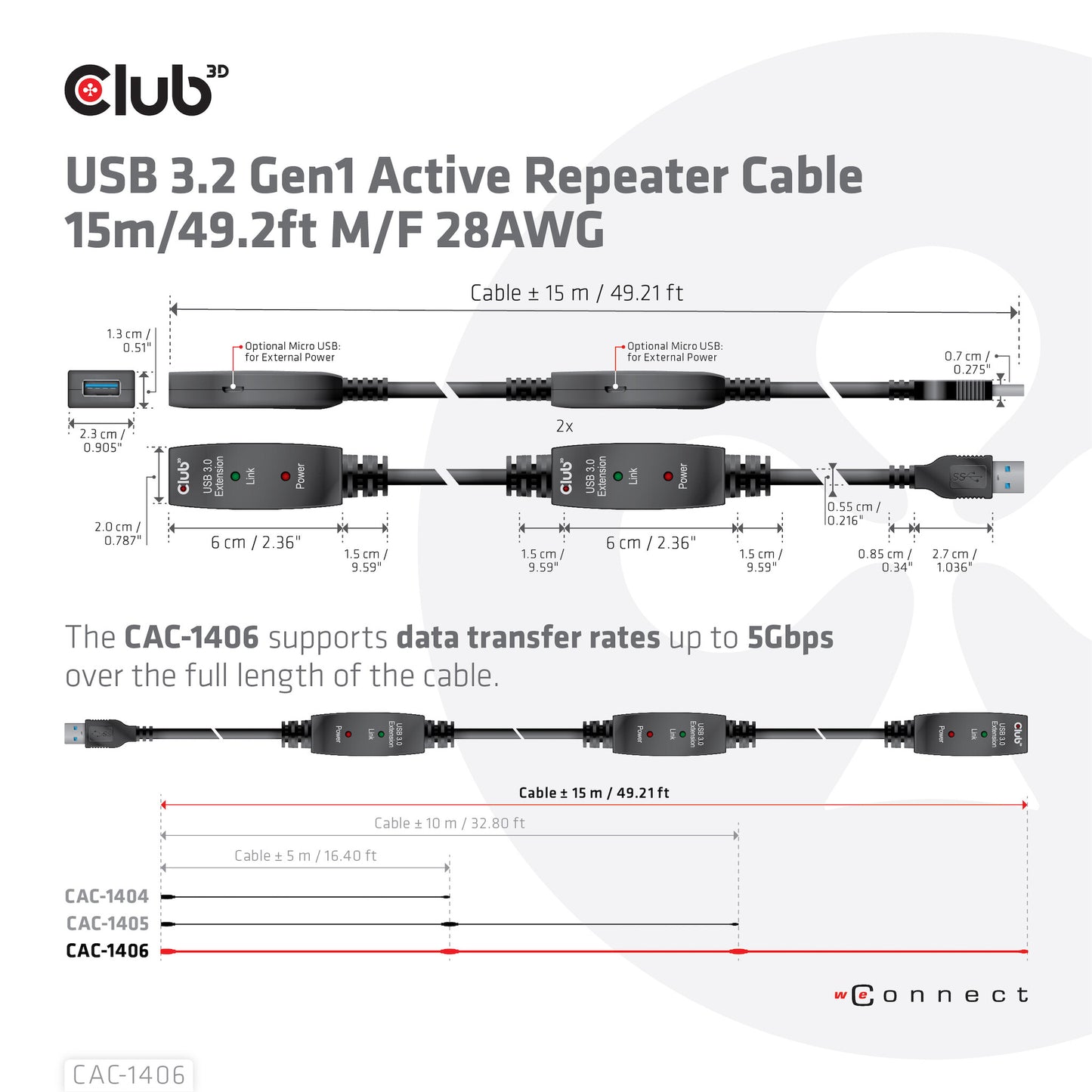 CLUB3D CAC-1406 USB-kablar 15 m USB 3.2 Gen 1 (3.1 Gen 1) USB A Svart