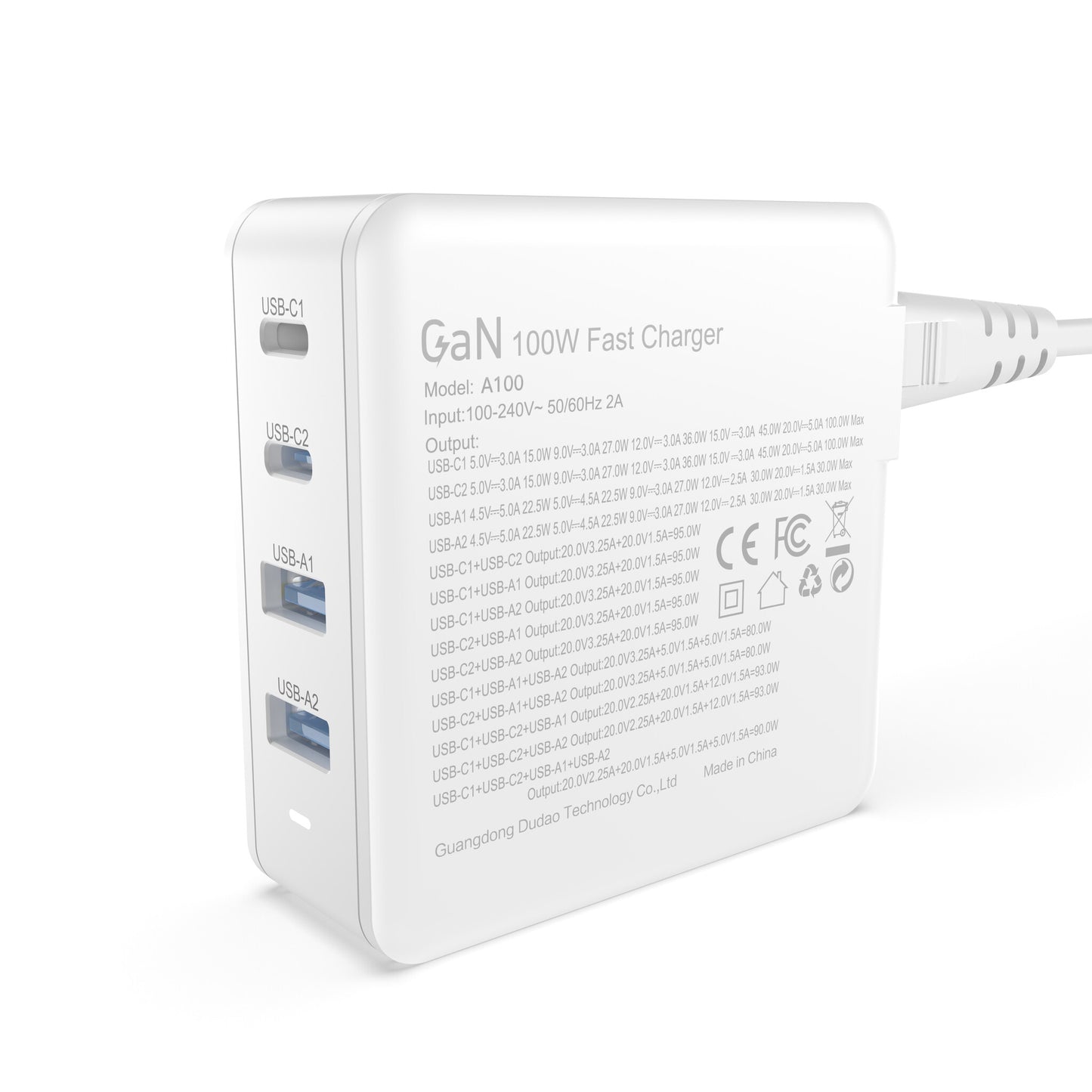 DUDAO Adapter GAN 100W Type Cx2+ 2xUSB White Universal Vit AC Snabb laddning inomhus