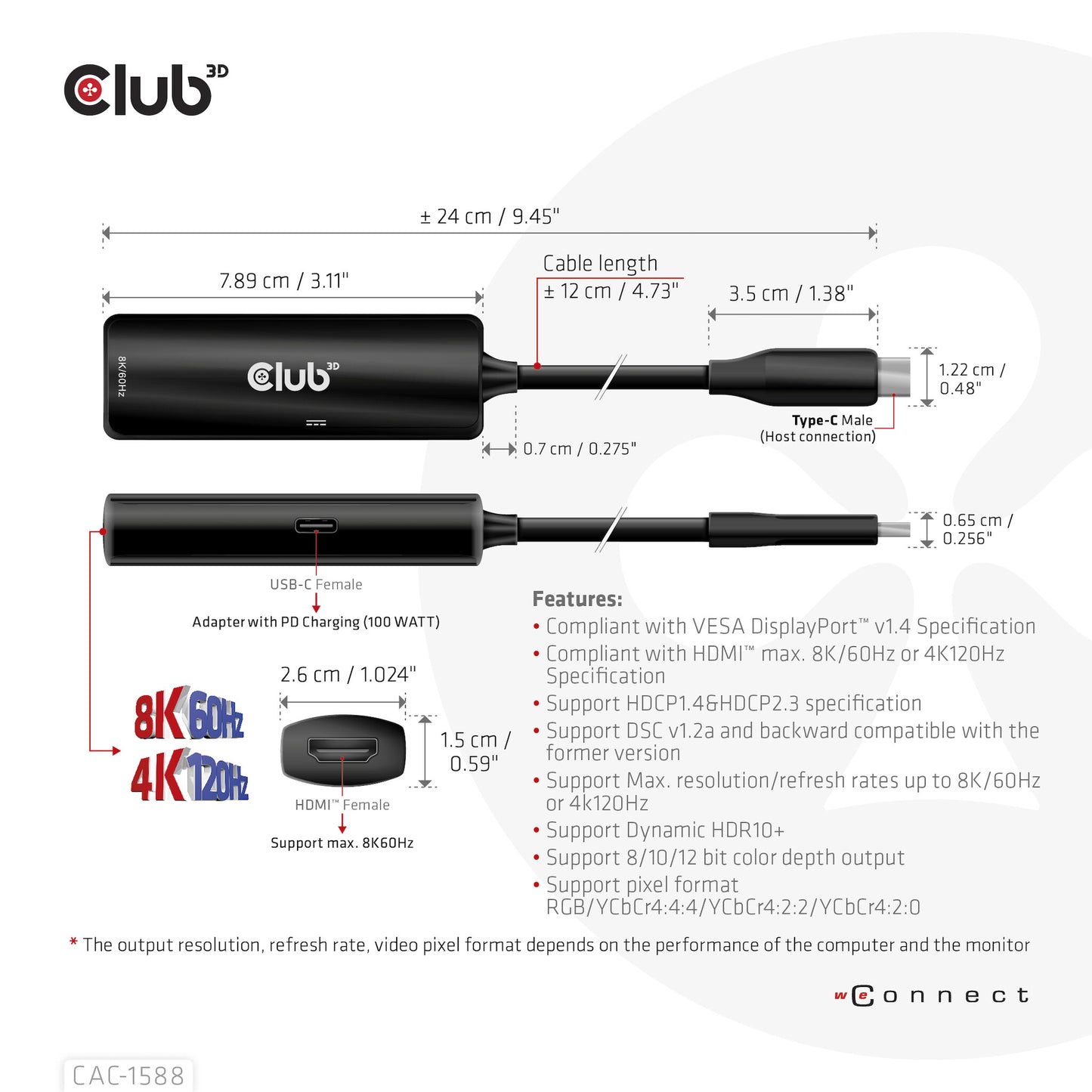 CLUB3D CAC-1588 videokabeladapter 0,17 m USB Type-C HDMI Svart