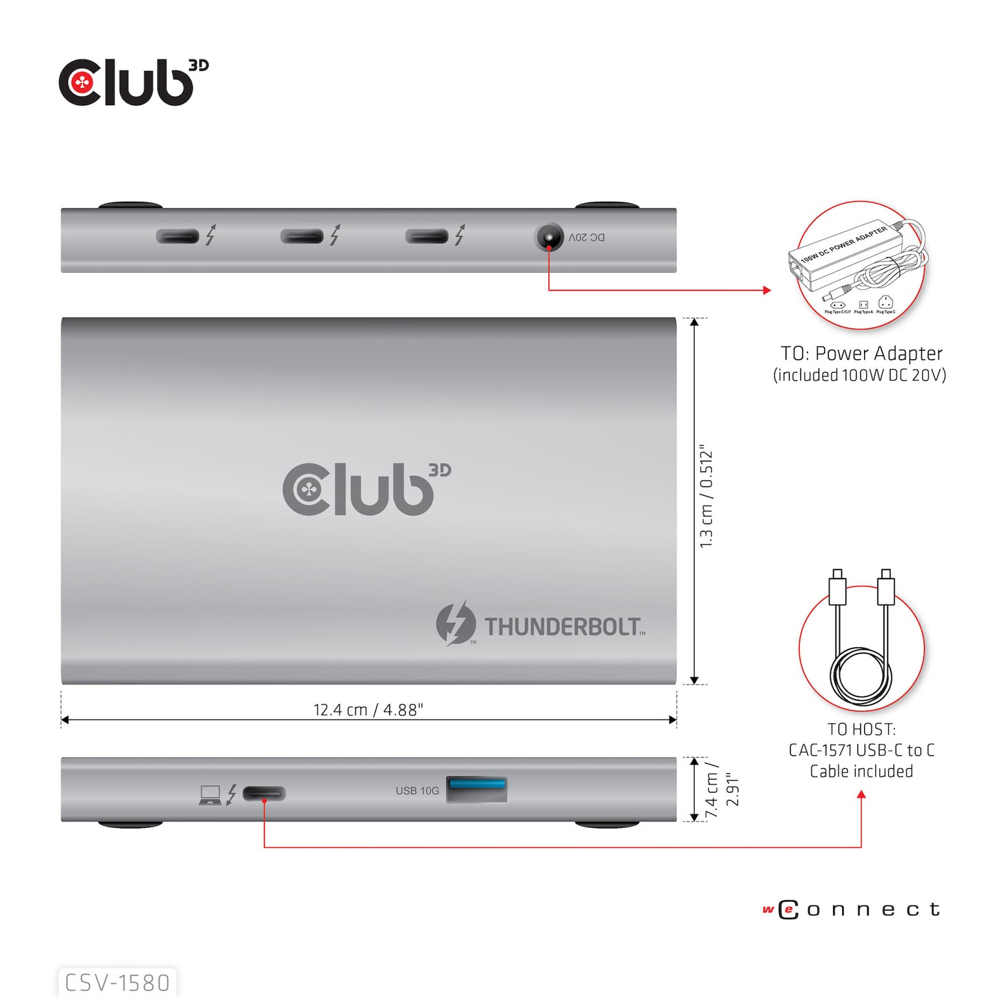 CLUB3D CSV-1580 dockningsstationer för bärbara datorer Dockning Thunderbolt 4 Silver