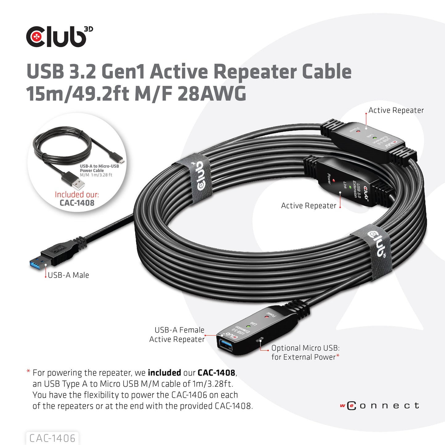 CLUB3D CAC-1406 USB-kablar 15 m USB 3.2 Gen 1 (3.1 Gen 1) USB A Svart