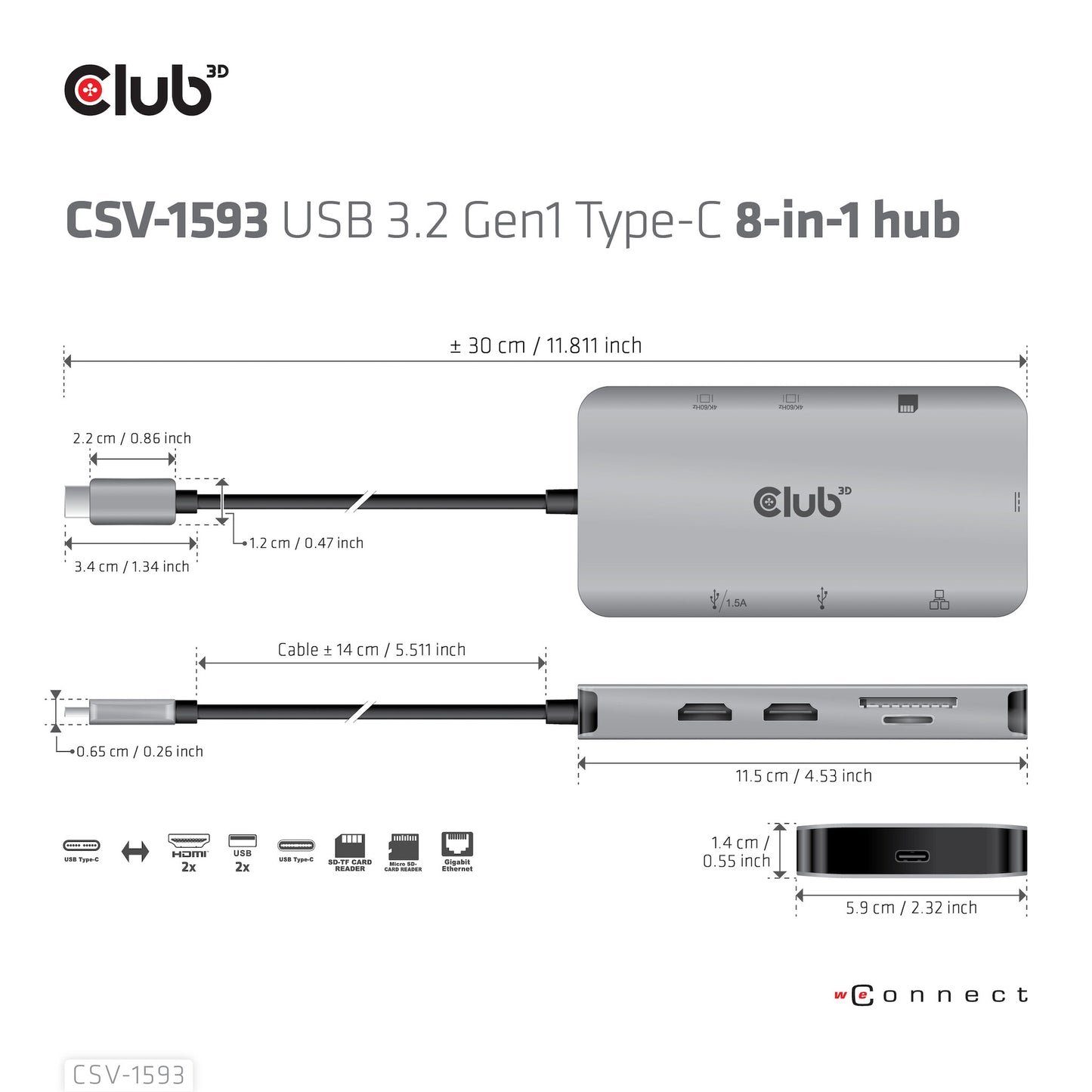 CLUB3D CSV-1593 gränssnittshubbar USB 3.2 Gen 1 (3.1 Gen 1) Type-C 16200 Mbit/s Metallisk