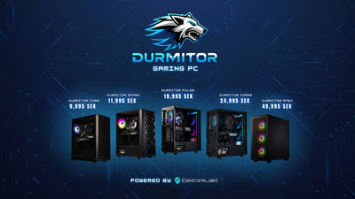 Durmitor Core Durmitor Spark Durmitor Pulse Durmitor Forge Durmitor stationära datorer gaming pc shark elektronik Cepter Extreme e sport hög prestanda power sverige elektronikjakt på blå bakgrund med tech effekter