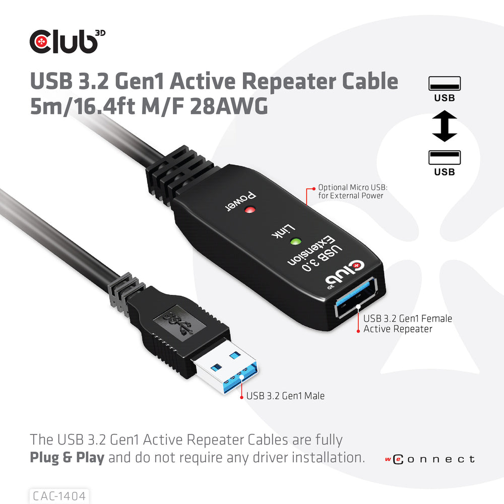CLUB3D CAC-1404 USB-kablar 5 m USB 3.2 Gen 1 (3.1 Gen 1) USB A Svart