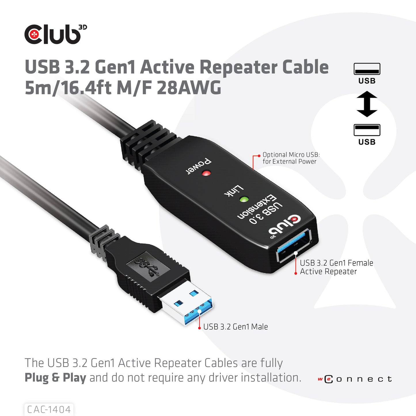 CLUB3D CAC-1404 USB-kablar 5 m USB 3.2 Gen 1 (3.1 Gen 1) USB A Svart