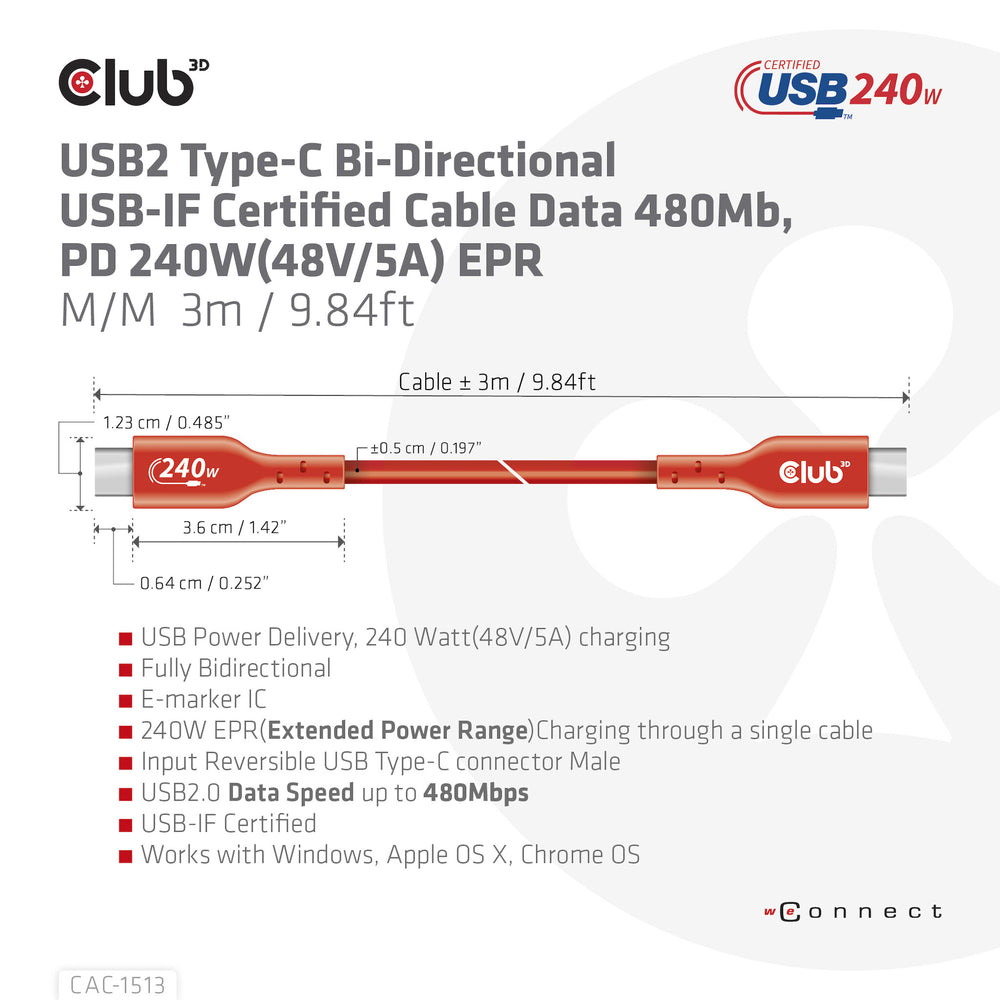 CLUB3D CAC-1513 USB-kablar 3 m USB 2.0 USB C Orange