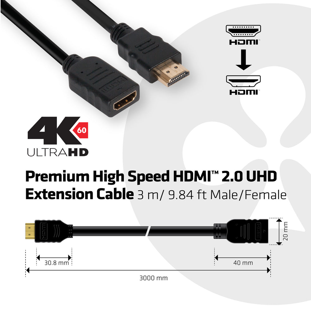 CLUB3D High Speed HDMI™ 2.0 4K60Hz Extension Cable 3m/ 9.8ft Male/Female