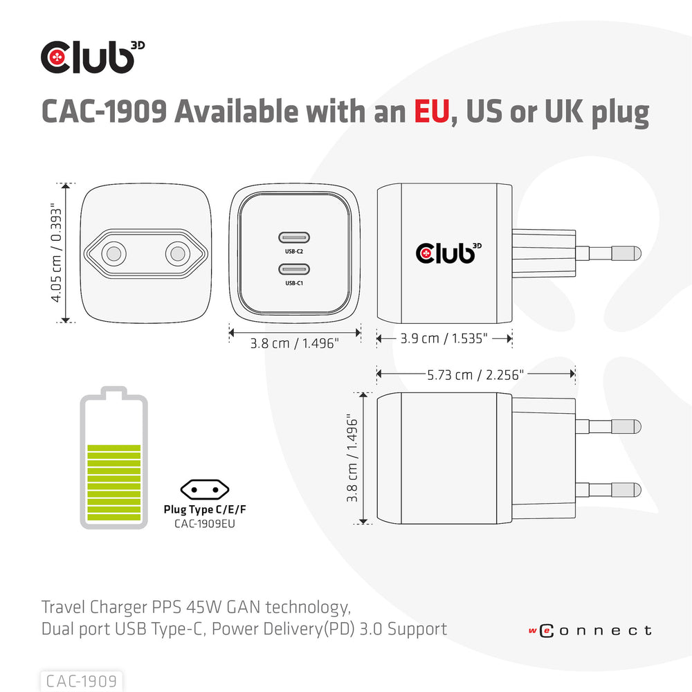 CLUB3D CAC-1909EU mobilladdare Mobiltelefon, Bärbar dator, Smartphone Svart AC inomhus