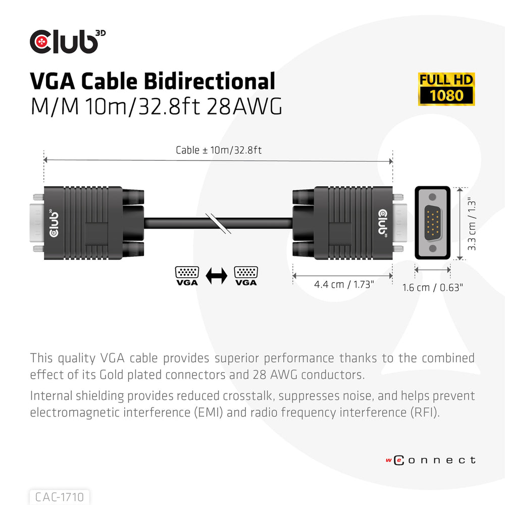 CLUB3D CAC-1710 VGA-kabel 10 m VGA (D-Sub) Svart