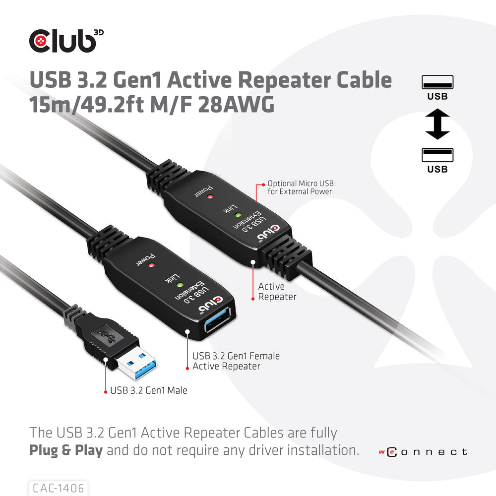 CLUB3D CAC-1406 USB-kablar 15 m USB 3.2 Gen 1 (3.1 Gen 1) USB A Svart