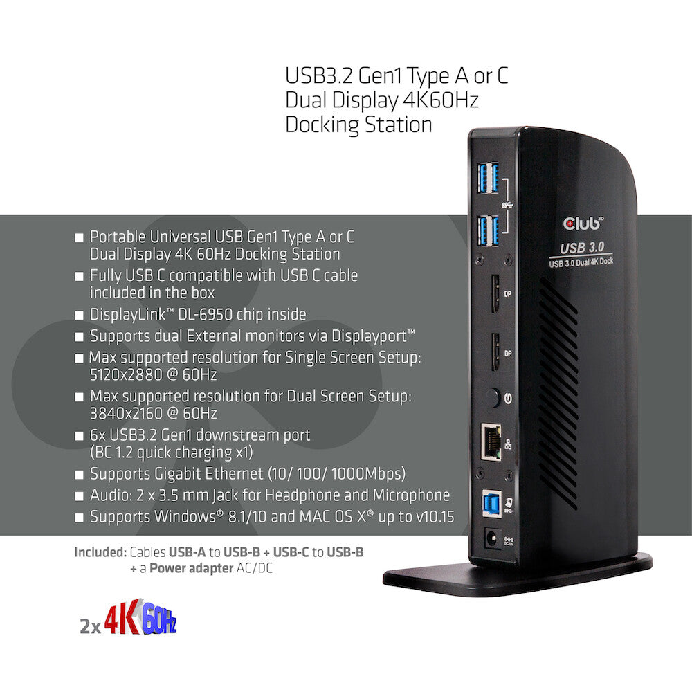 CLUB3D USB3.2 Gen1 Type A or C Dual Display 4K60Hz Docking Station