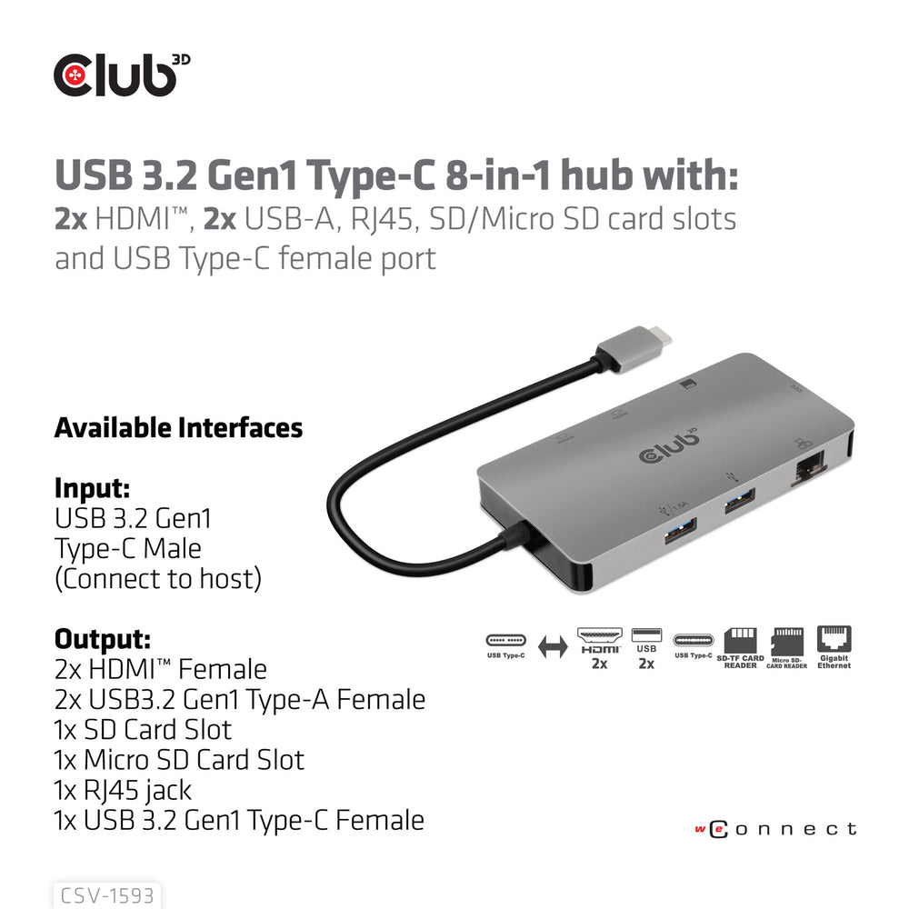 CLUB3D CSV-1593 gränssnittshubbar USB 3.2 Gen 1 (3.1 Gen 1) Type-C 16200 Mbit/s Metallisk