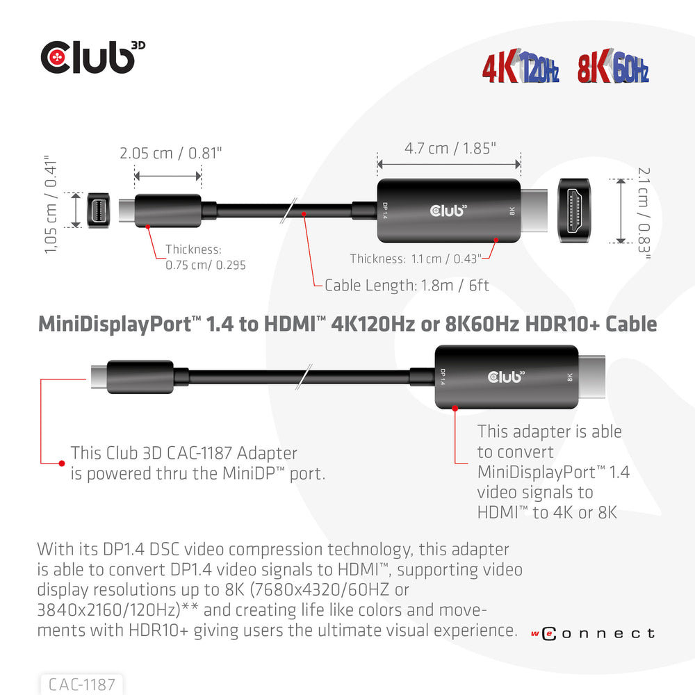 CLUB3D CAC-1187 videokabeladapter 1,8 m Mini DisplayPort HDMI Svart